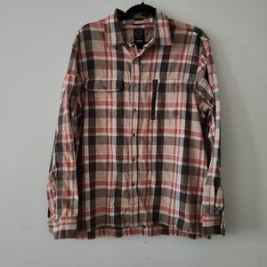 ATG Wrangler Plaid Flannel Tan Button Up Shirt Elbow Patch Men Large Fall Winter